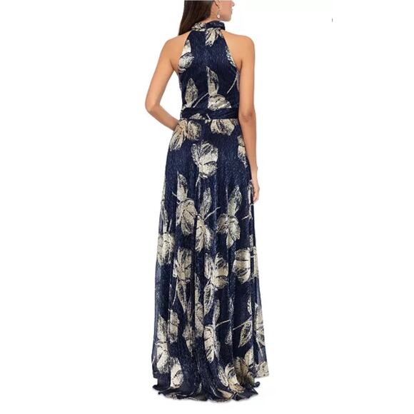 NEW NWT Betsy & Adam Women's Metallic-Print Halter Gown size 10 Navy Gold - Picture 2 of 7